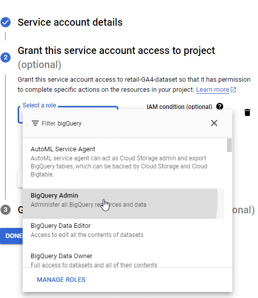 BigQuery Admin role for Service Account