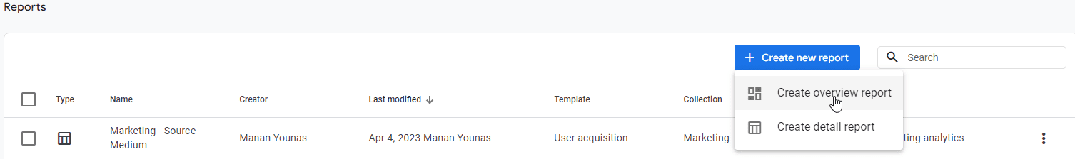Create overview report GA4
