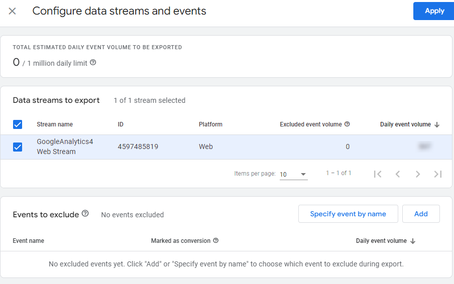 Configure data stream for BigQuery
