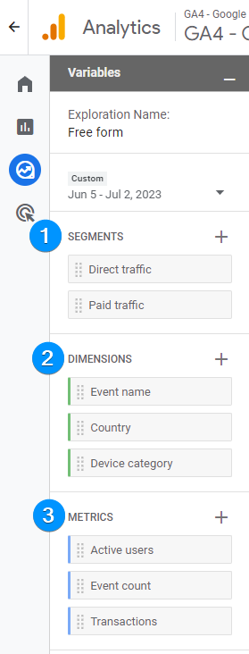 GA4 Explore variable section